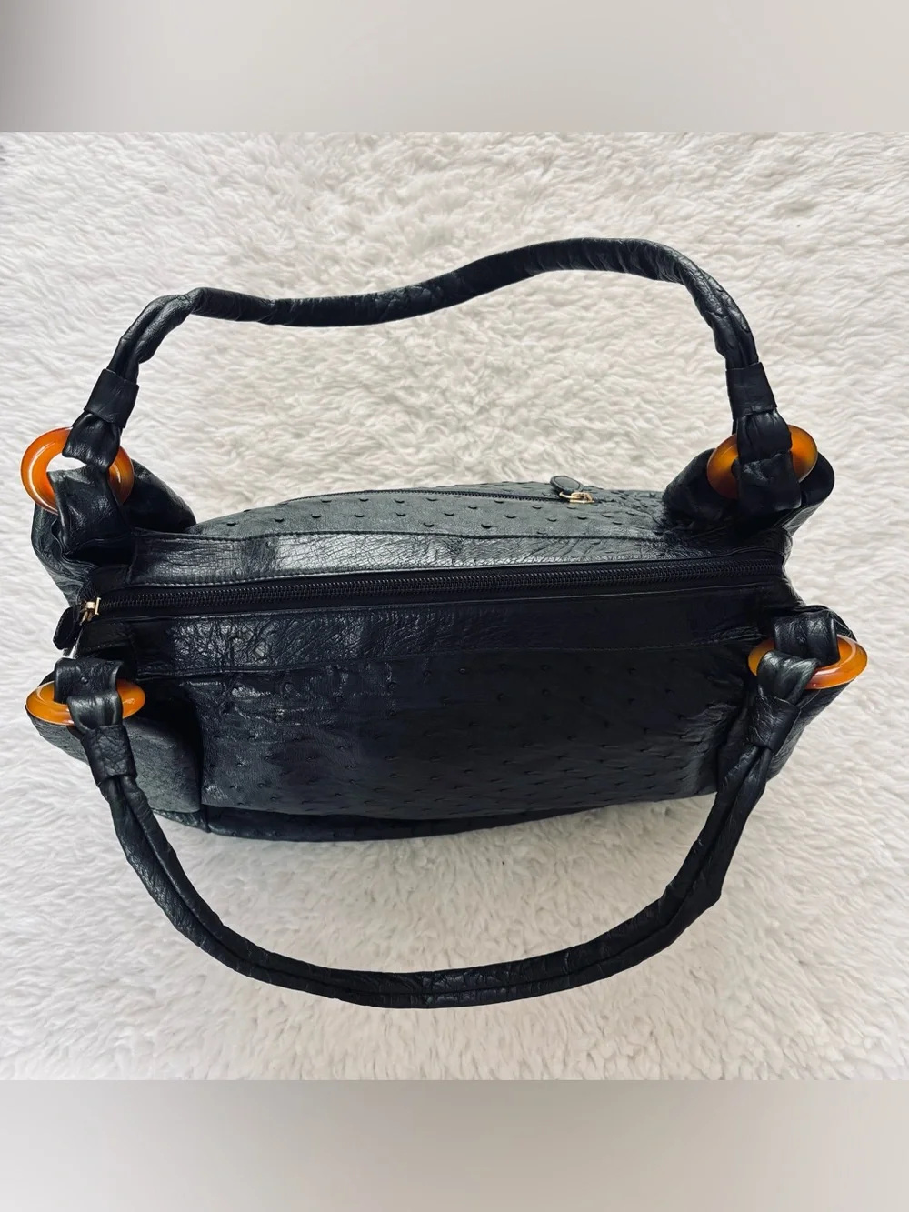 Vintage Black Genuine Ostrich Skin Leather Large Satchel Bag Size 13”x11”x7”